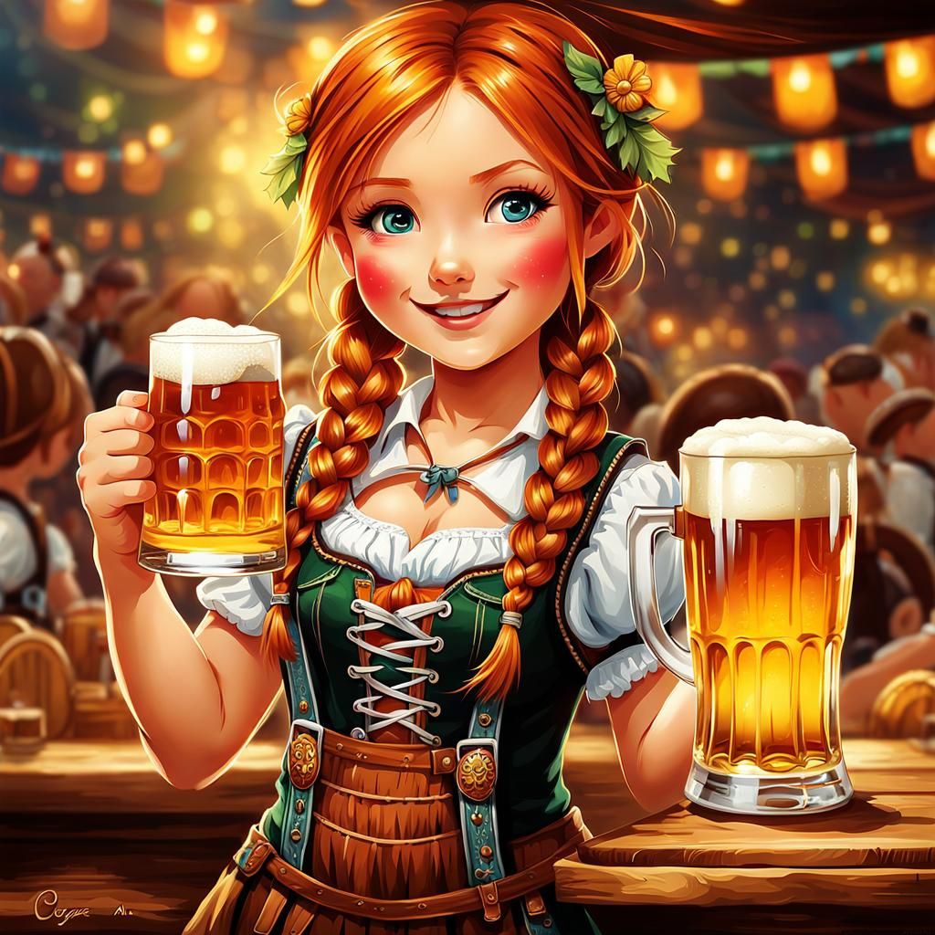 Charming Redhaired Chibi Girl Serves Beer at Oktoberfest