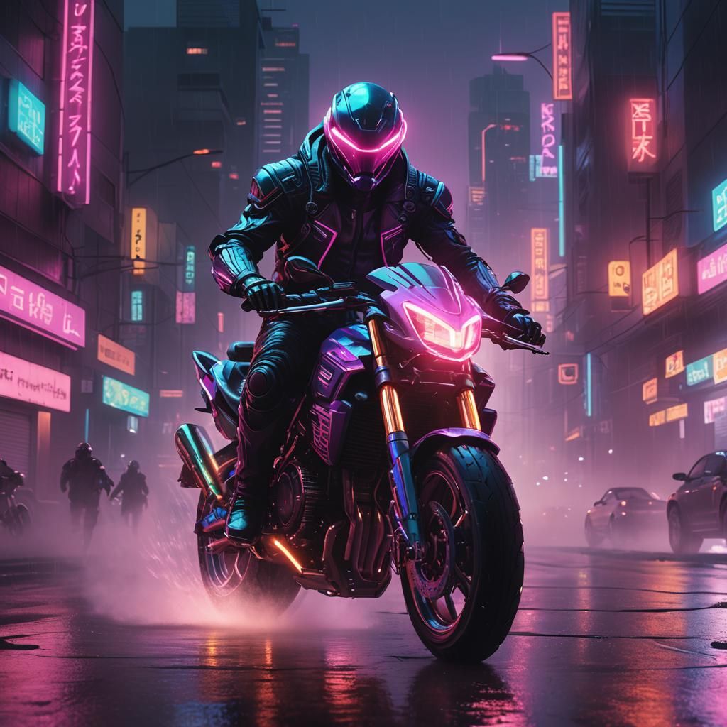 Alien Motorcycle Ride in Synthwave Neon Cityscape