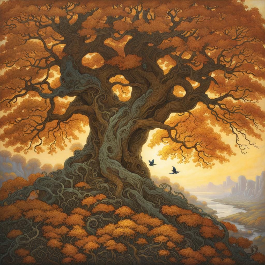 Autumn Tree with Birds in Stained Glass Style