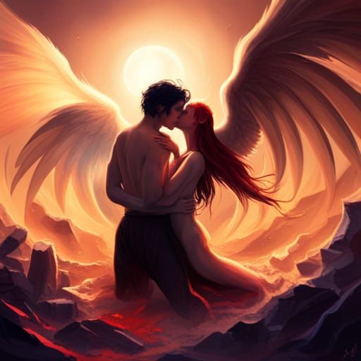 Angel Kisses Demon in Hell: Photorealistic Image