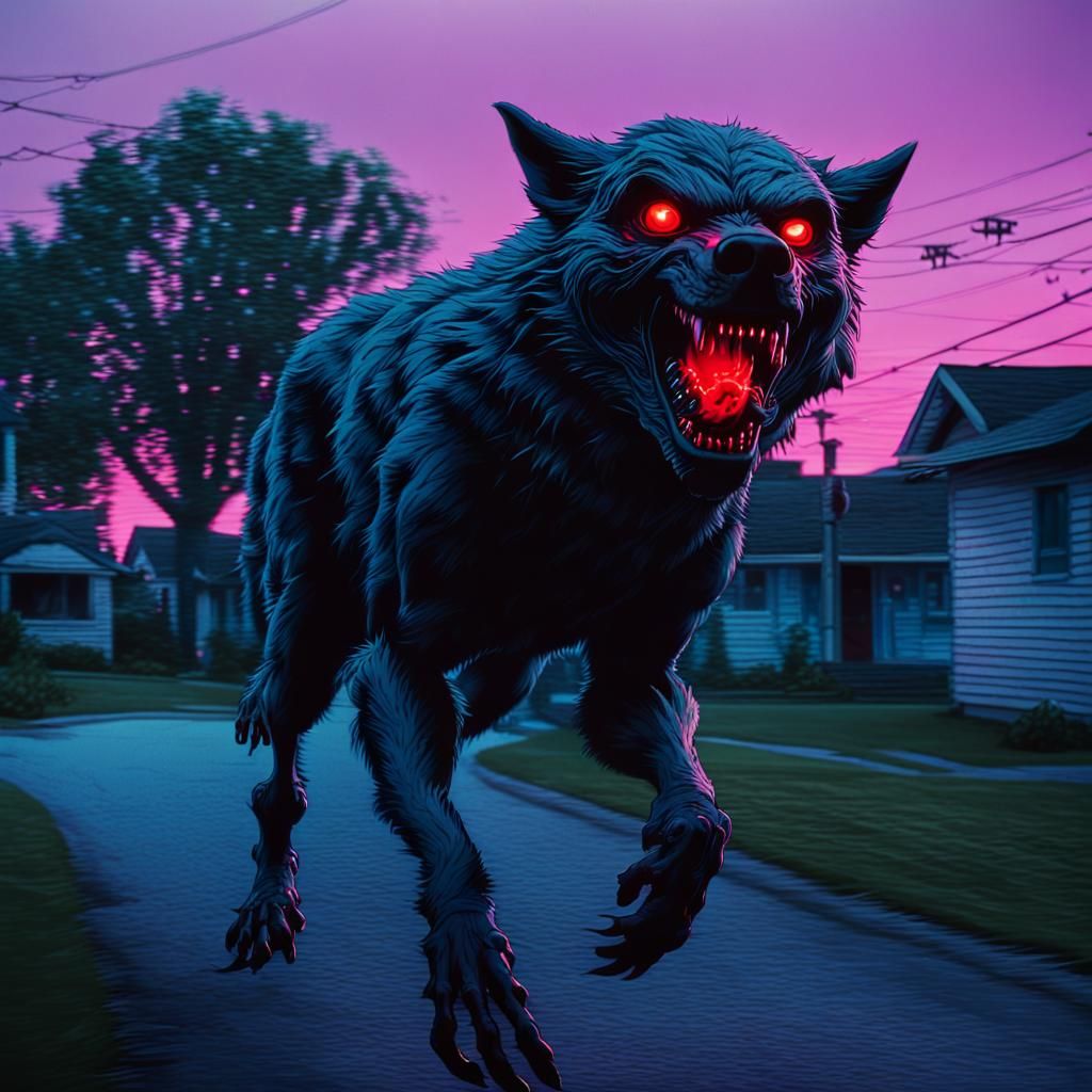 Werewolf Horror Scene in Synthwave Style