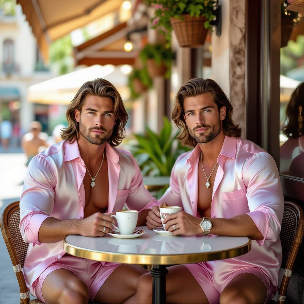 Muscular Men in Pink Silk at Parisian Cafe