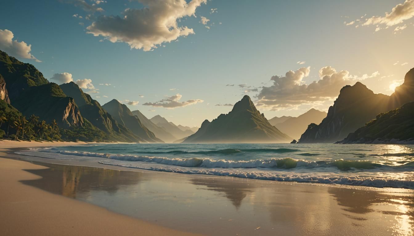 Majestic Mountains Meet Serene Sea at Dawn