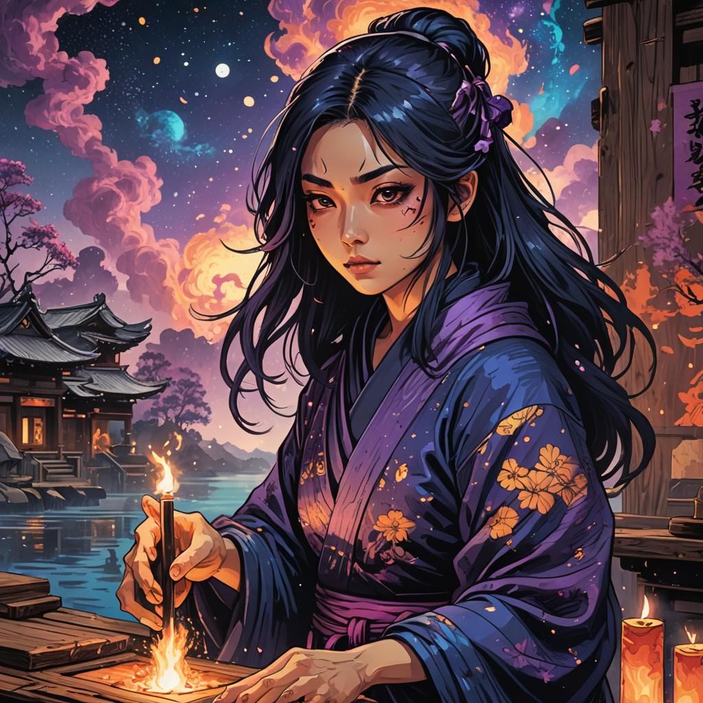 Fantasy Ninja Girl Carving Woodblock Print