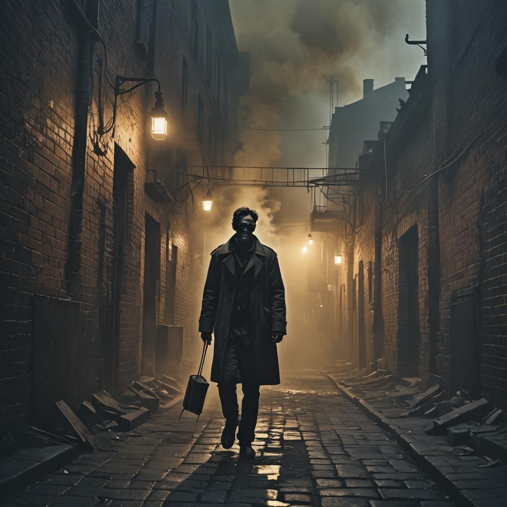 walking down a spooky alley, steam, smoke