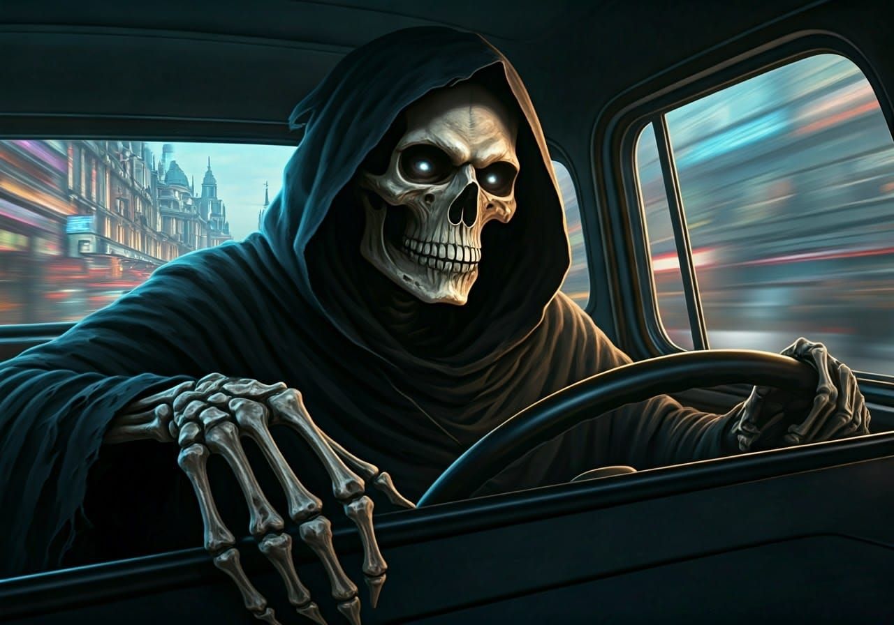 Grim Reaper Behind the Wheel of a Classic London Taxi