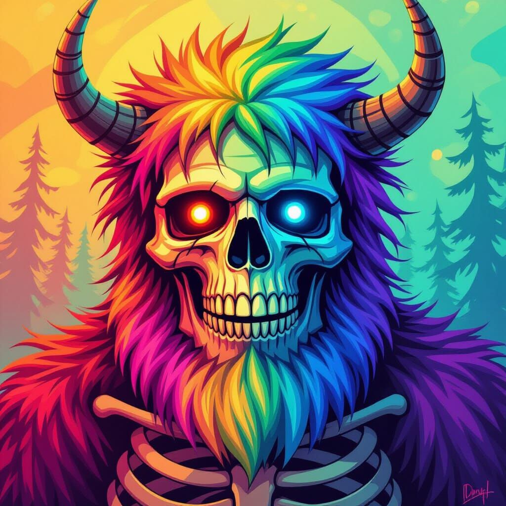 Rainbow Sasquatch Skeleton in Whimsical Style