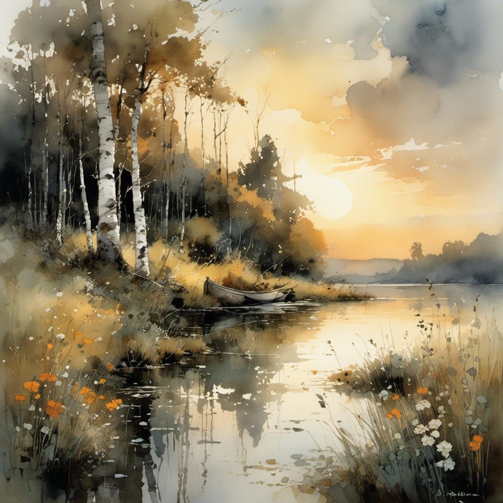 Sunset Lake with Birch Forest in Watercolor Style