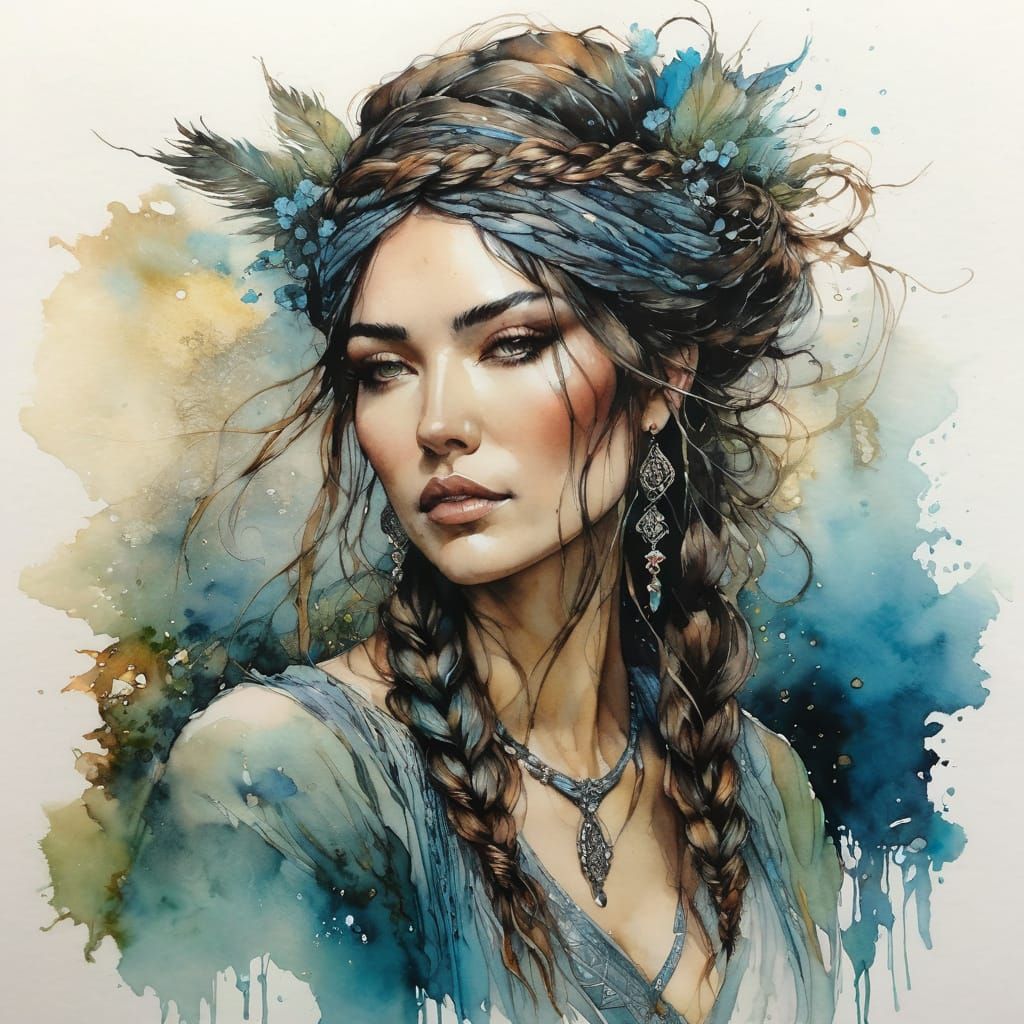 Gypsy Fortune Teller in Inked Watercolor Portrait
