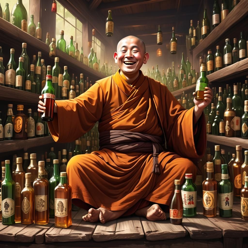 Happy Drunken Monk Among Empty Bottles