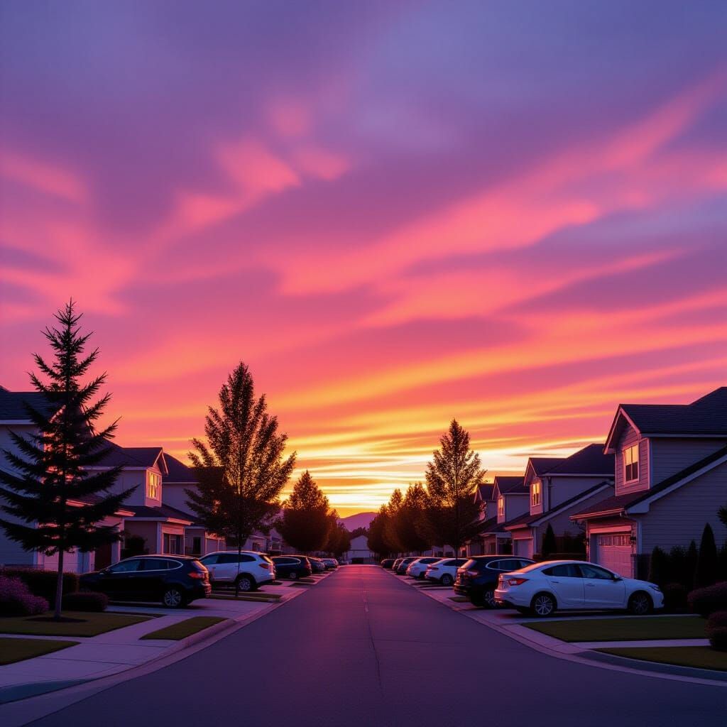 Peaceful Sunrise Over Suburban Houses with Silhouetted Trees