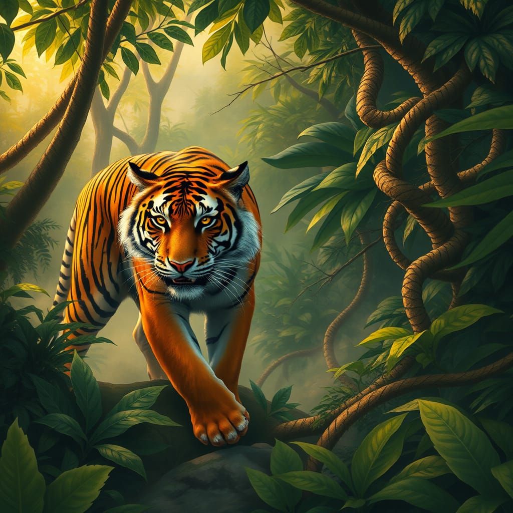Tiger in a Vibrant Jungle Landscape