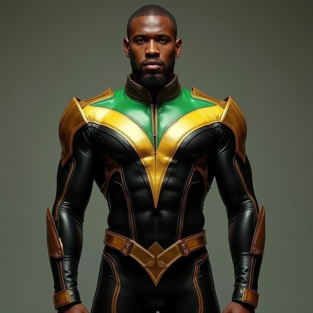 Sleek Jamaican Superhero in Futuristic Afrofuturist Armor