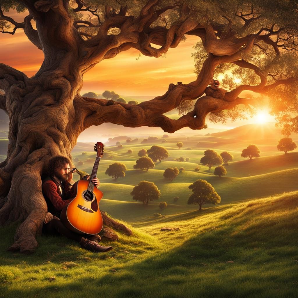 Hobbit Playing Guitar in Shire at Sunset