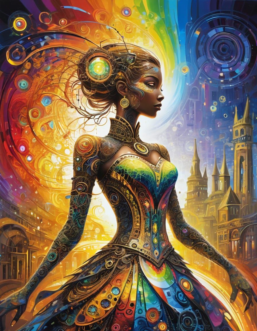 Digital Creature in Rainbow Dress Amidst Scrolling Code
