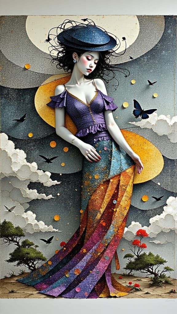 Vibrant, dreamlike scene of a resplendent woman with porcela...