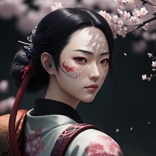 Samurai in Japanese Garden: Ukiyo-e Style