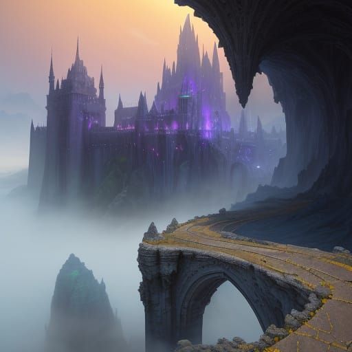 Ancient Bridge Spans Iridescent Chasm in Fantasy Concept Art