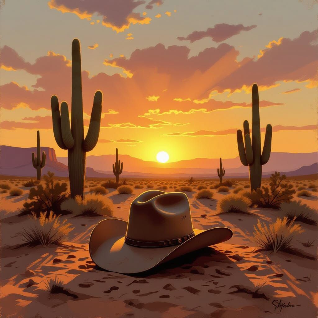 Weathered Cowboy Hat in Desert Sunset, Realistic Style
