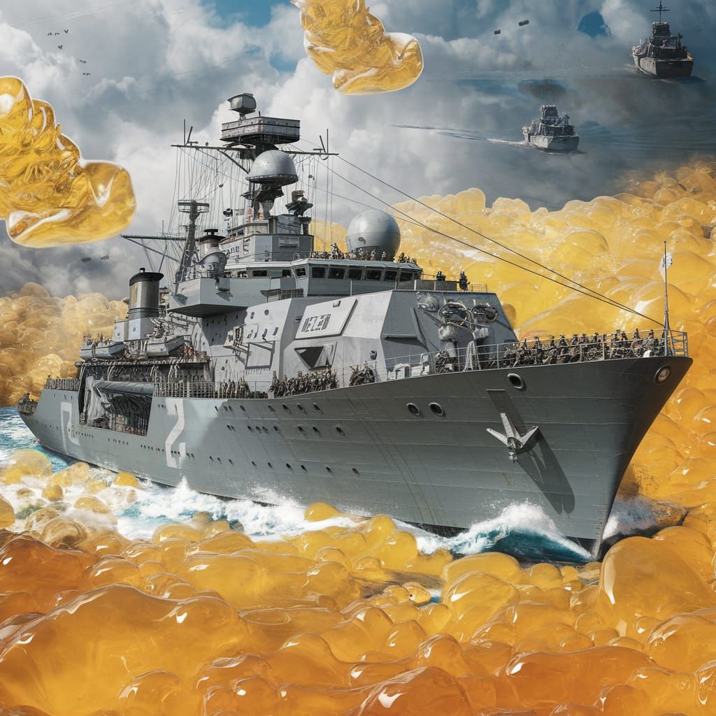 Military Ship Sails Through Jelly Sea