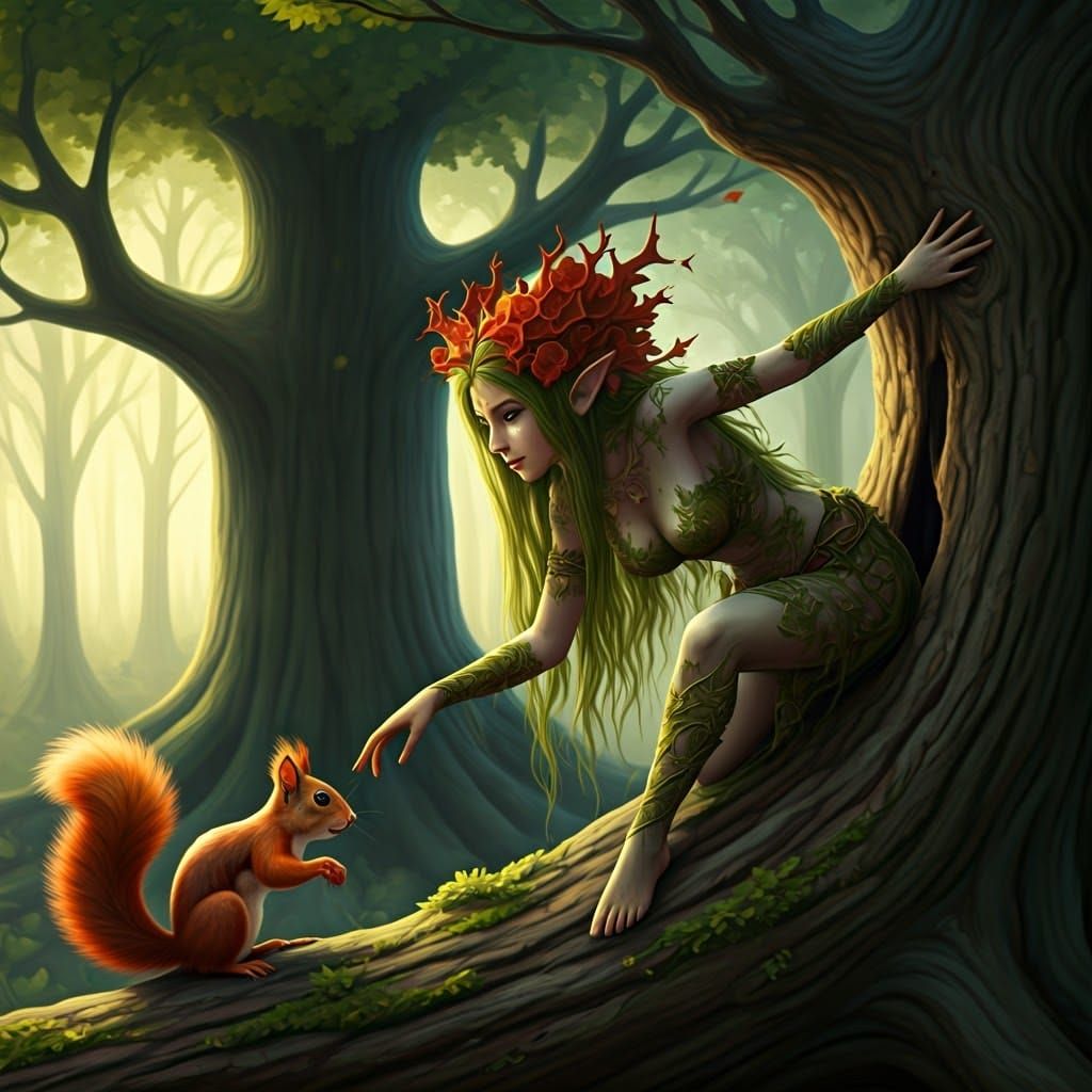 Dryad Emerges to Pet Squirrel
