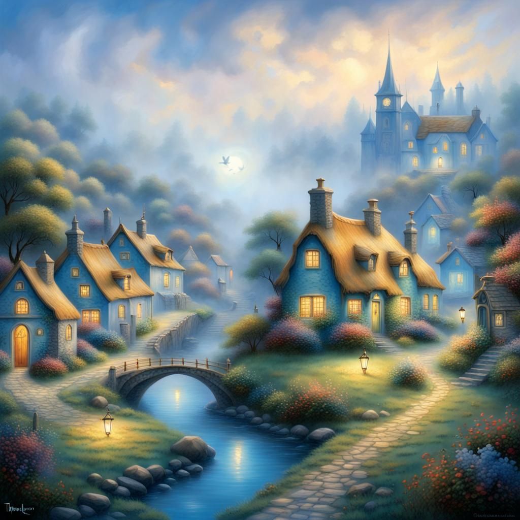 Fairy Village Inside Oil Lamp, Ethereal Fantasy