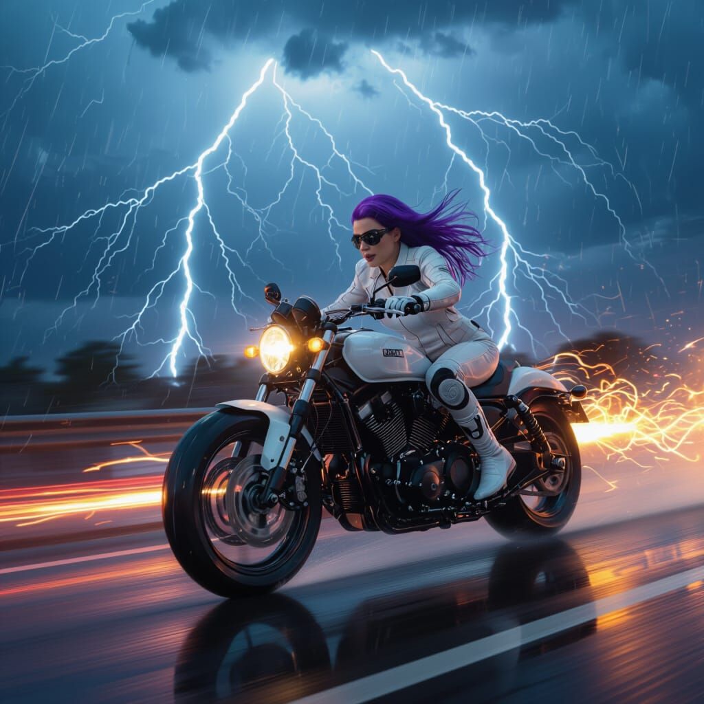 Violet Haired Rider Speeds Down Wet Highway in Electric Stor...