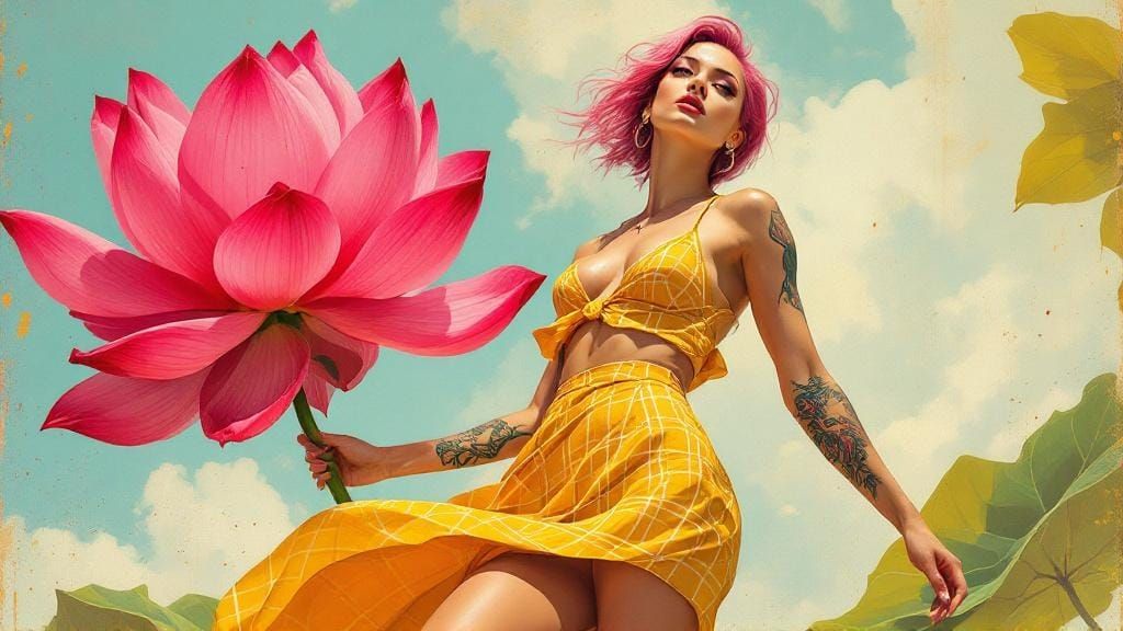 Art Deco Woman with Lotus Flower in Street Art Style