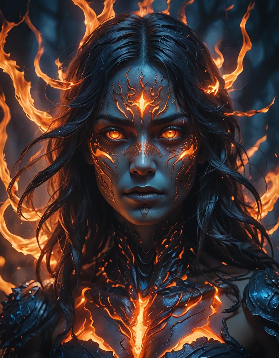 Ember-Eyed Figure in Hypnotic Blue Shadows