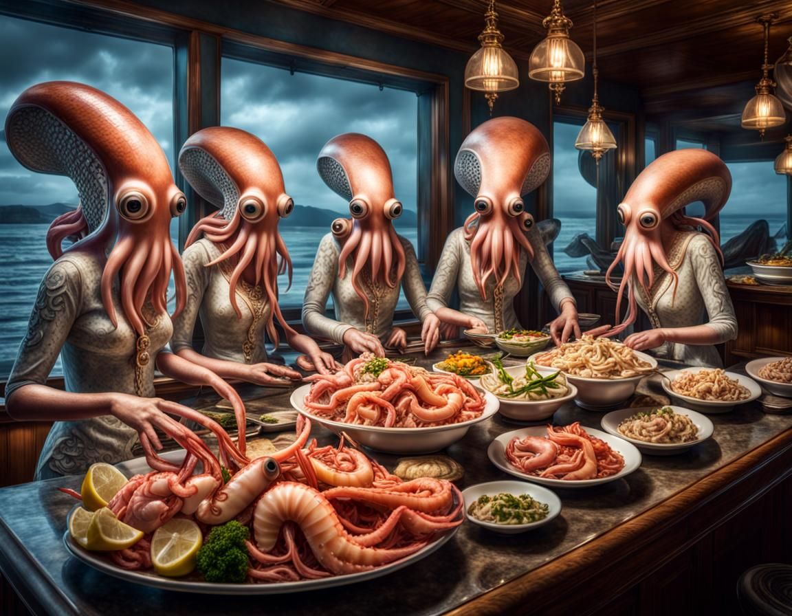 Hyperrealistic Anthropomorphic Squid Women at Seafood Buffet