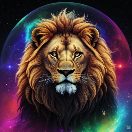Lion in Holographic Astral Cosmic Illustration Style