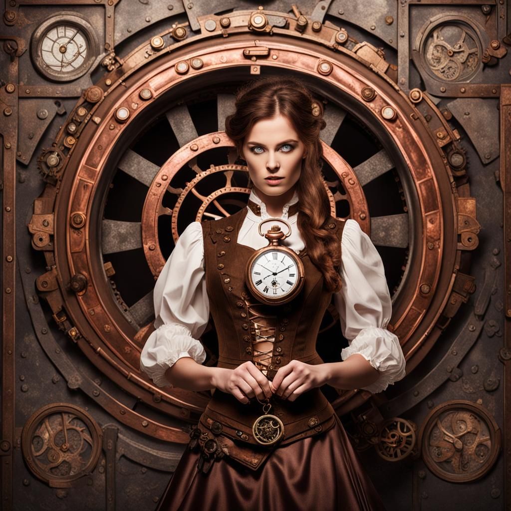 Steampunk Woman with Pocket Watch and Portal