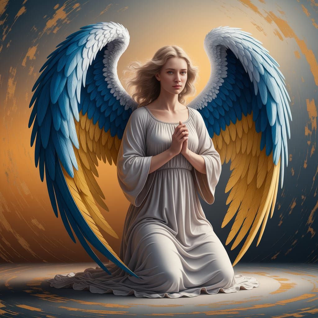 Angelic Figure with Blue and Yellow Wings in Semi-Abstract S...