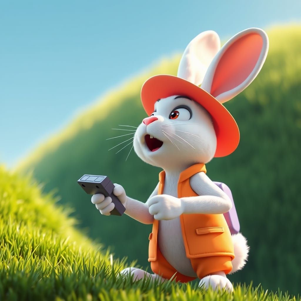 Shocked Rabbit with Remote: 3D Cartoon Scene