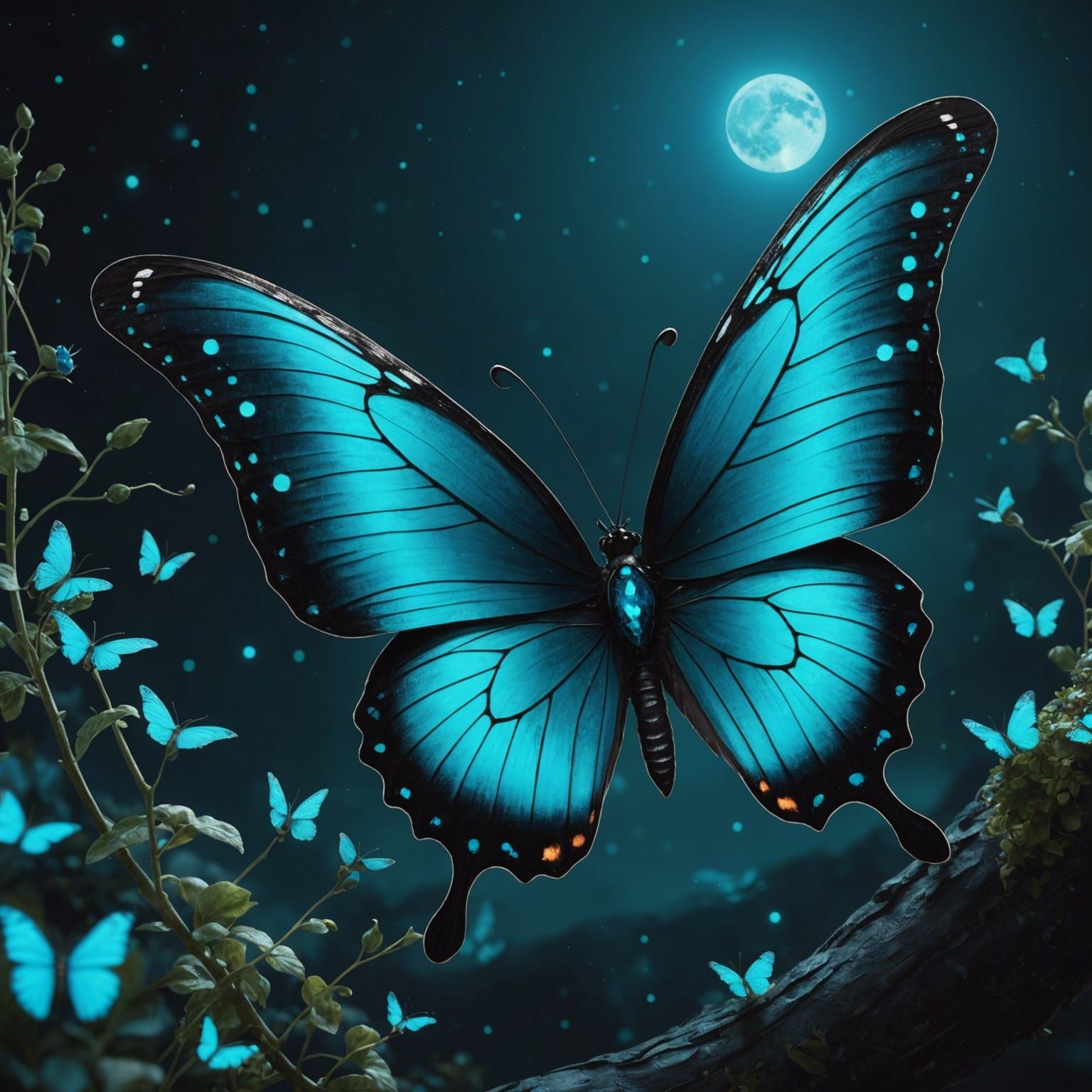 Cyan Butterfly and Moon Eclipse in Digital Painting