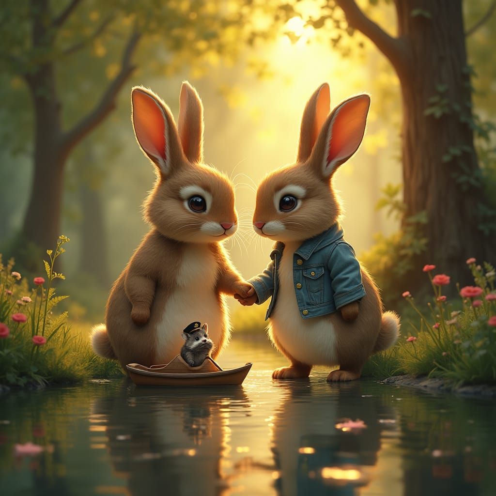Romantic Rabbits in a Whimsical Forest Dusk Scene