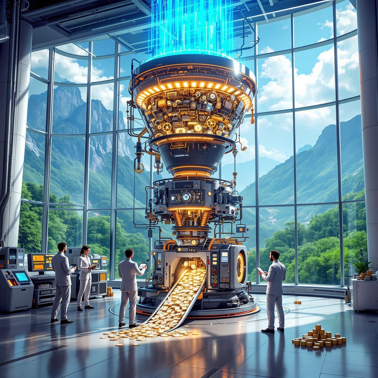 Revolutionary Grant Writing Machine in Futuristic Factory