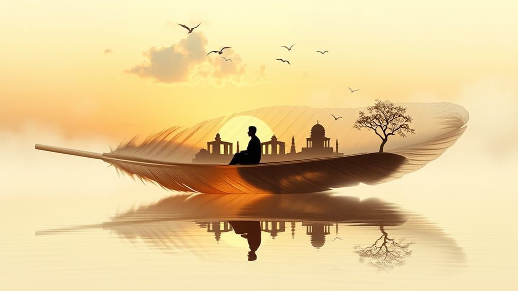 Ethereal Feather Ship Embracing a Nascent World at Sunset