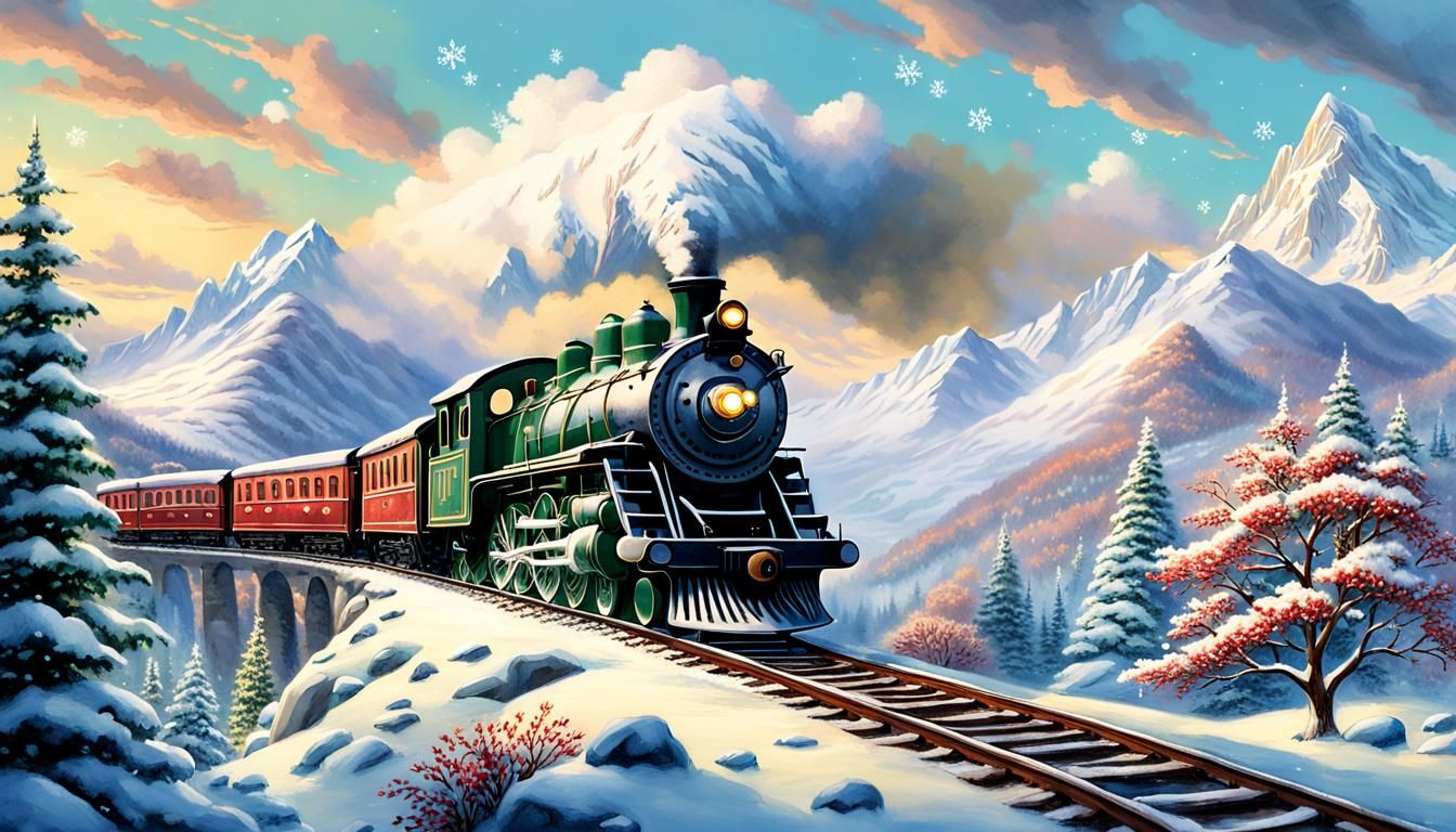 Whimsical Winter Wonderland Railway Scene in Golden Hour