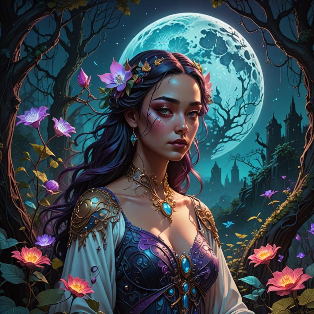 Ethereal Moonlit Forest in Vibrant Surrealism