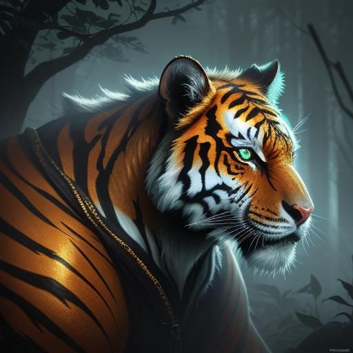 Rainbow Crystal Tiger in Misty Rainforest, Concept Art