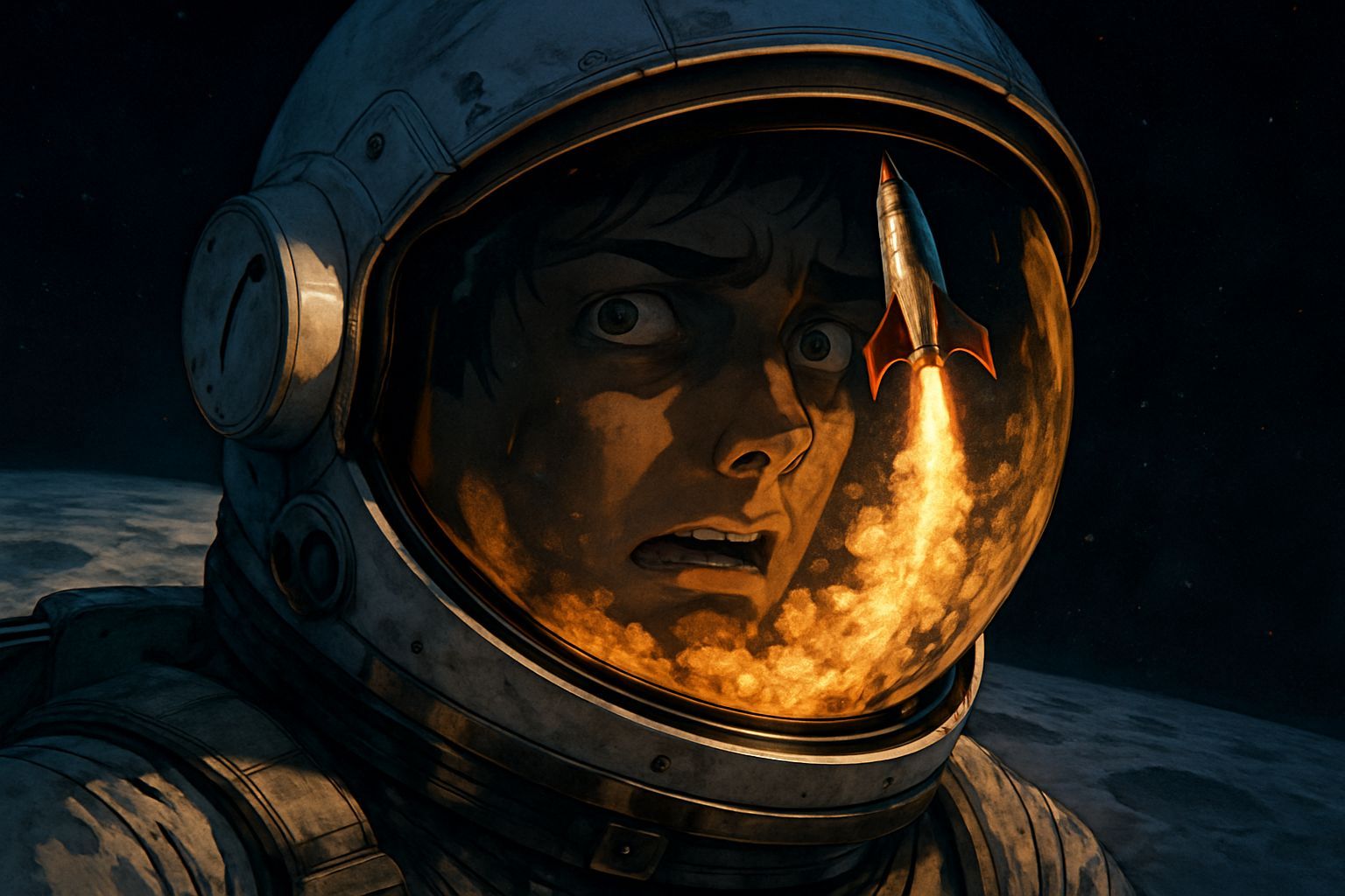 Astronaut's Lunar Reflection: Anime-Realism Fusion