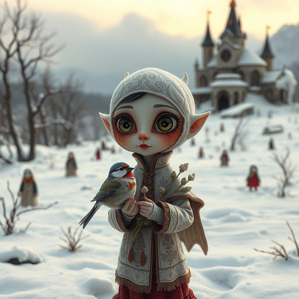 Winter Girl with Bird: Naive Carpet Art