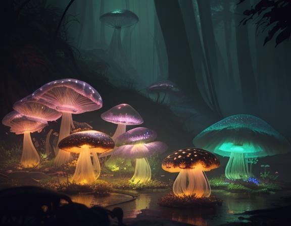 Glowing Toadstool and Jellyfish Forest at Dusk