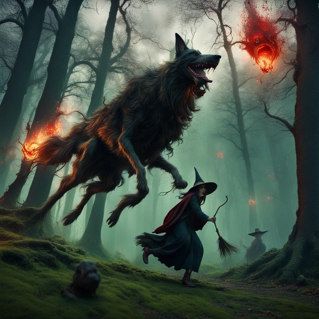 Witches Hunted in Dark Woods: Fantasy Art