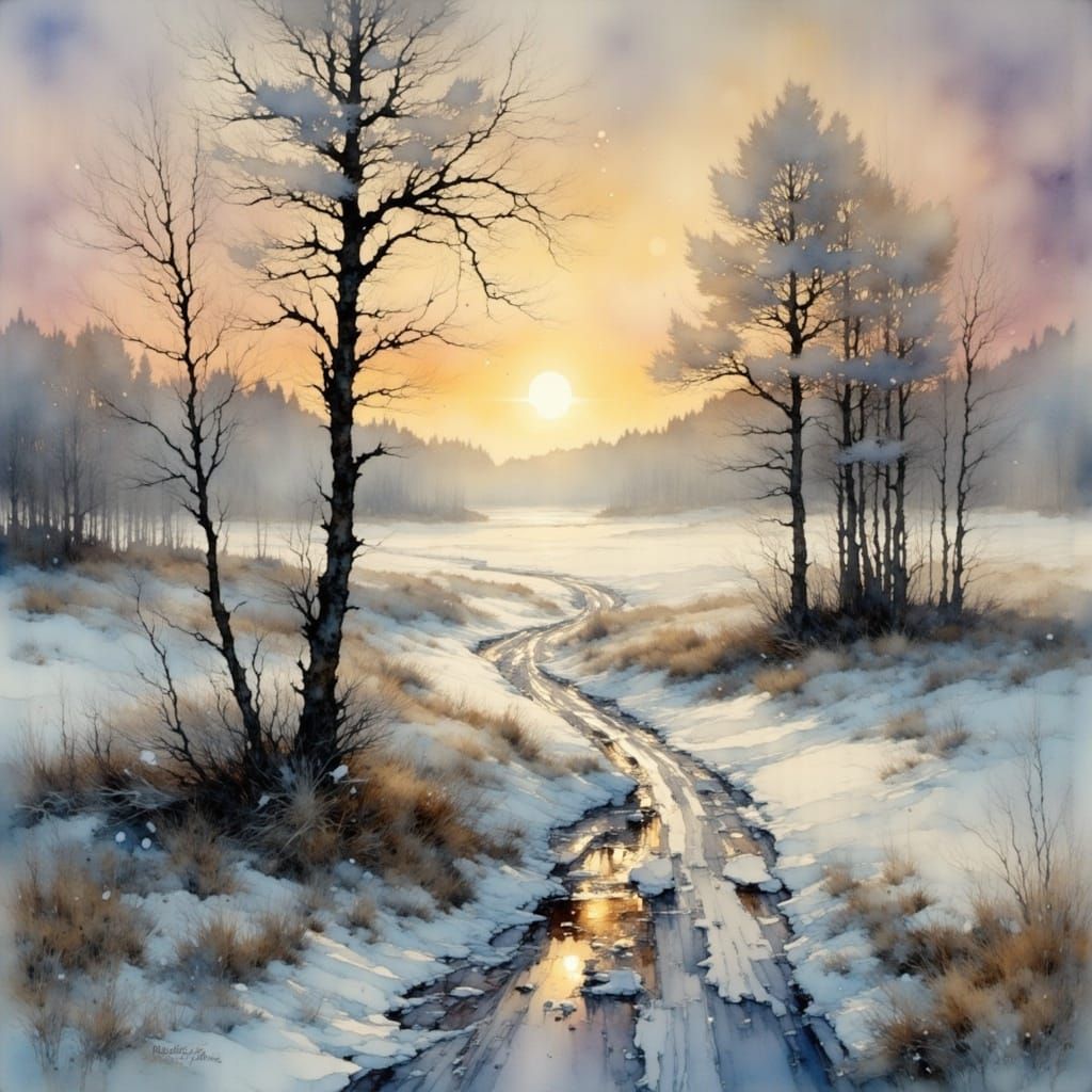 Frozen Landscape at Sunrise in Painterly Style