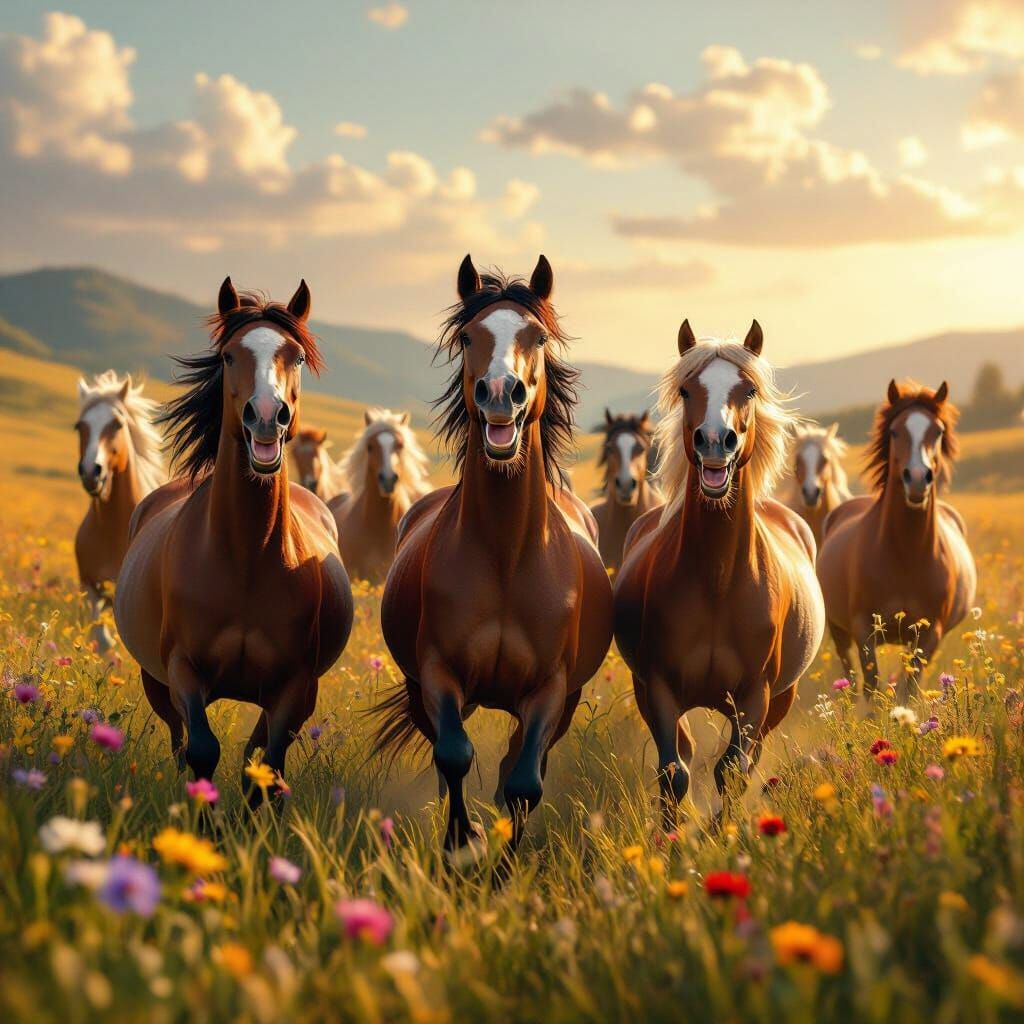 Wild Horses Laughing in Sun-Drenched Meadow