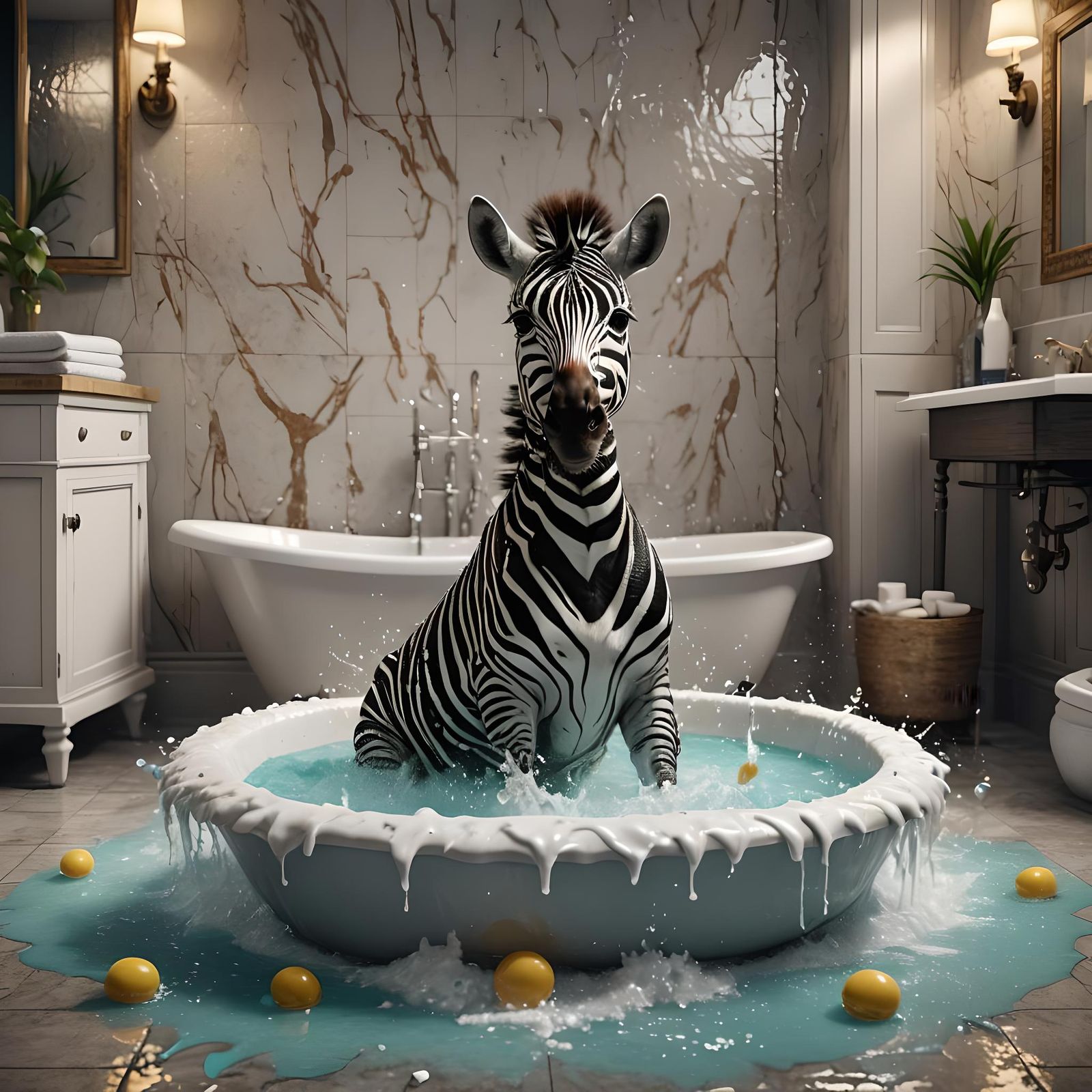 Zebra Foal Splashing in Bathtub: Fantasy Concept Art