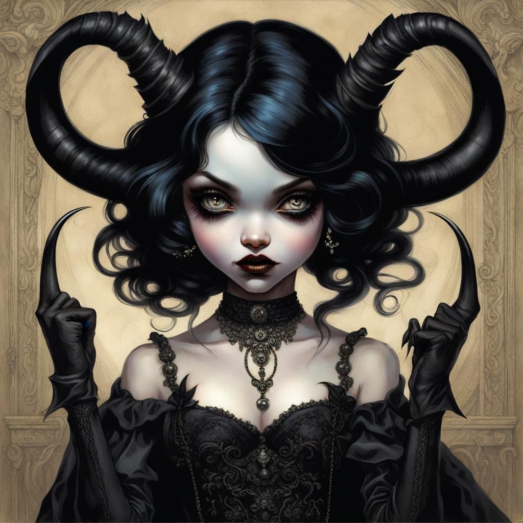 Gothic Woman with Devil Horns, Horror Art