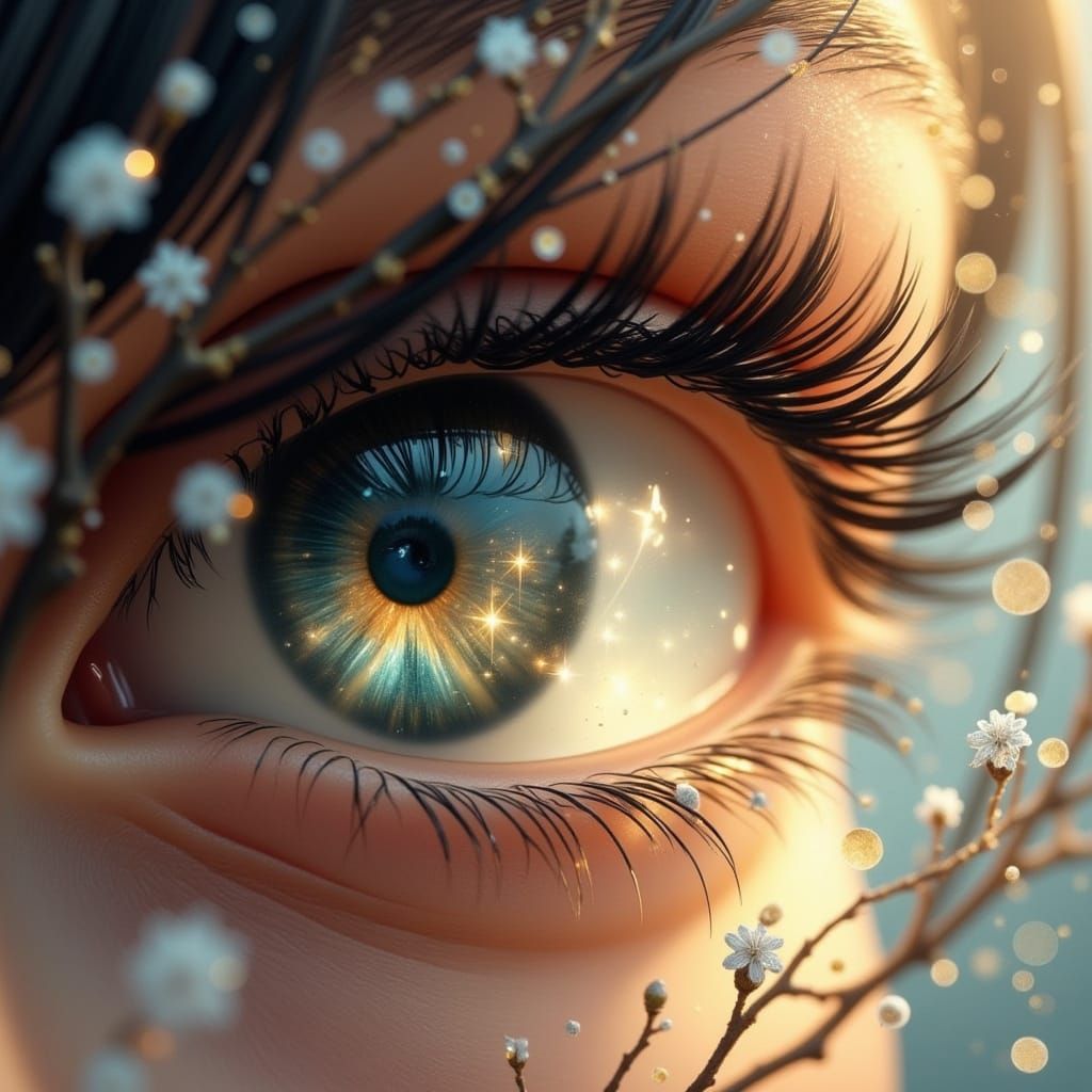 Hyperreal Eyes with Luminous Eyelashes in Delicate Branch Fr...